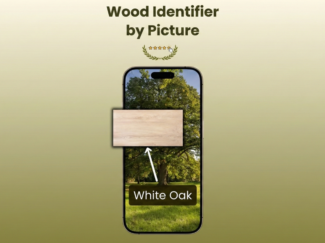 Wood Identifier app interface showing AI wood species recognition