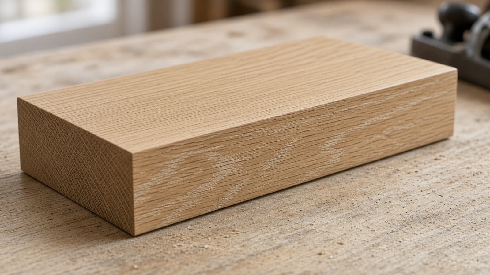 Quarter-sawn oak board with ray fleck across the face grain